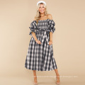 Casual Wear Puff Sleeve Plaid Smocked Midi Dress